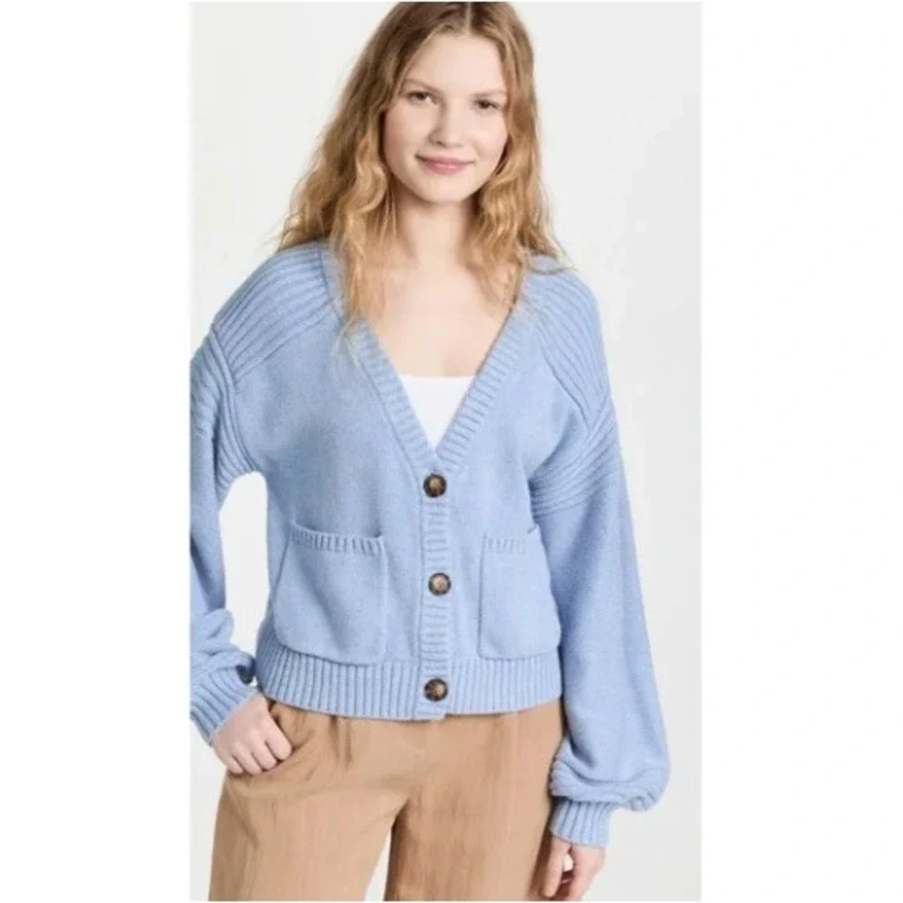 NAADAM Donegal Cardigan Sweater‎ Light Blue Womens L Cotton Silk Blend Cozy EUC
